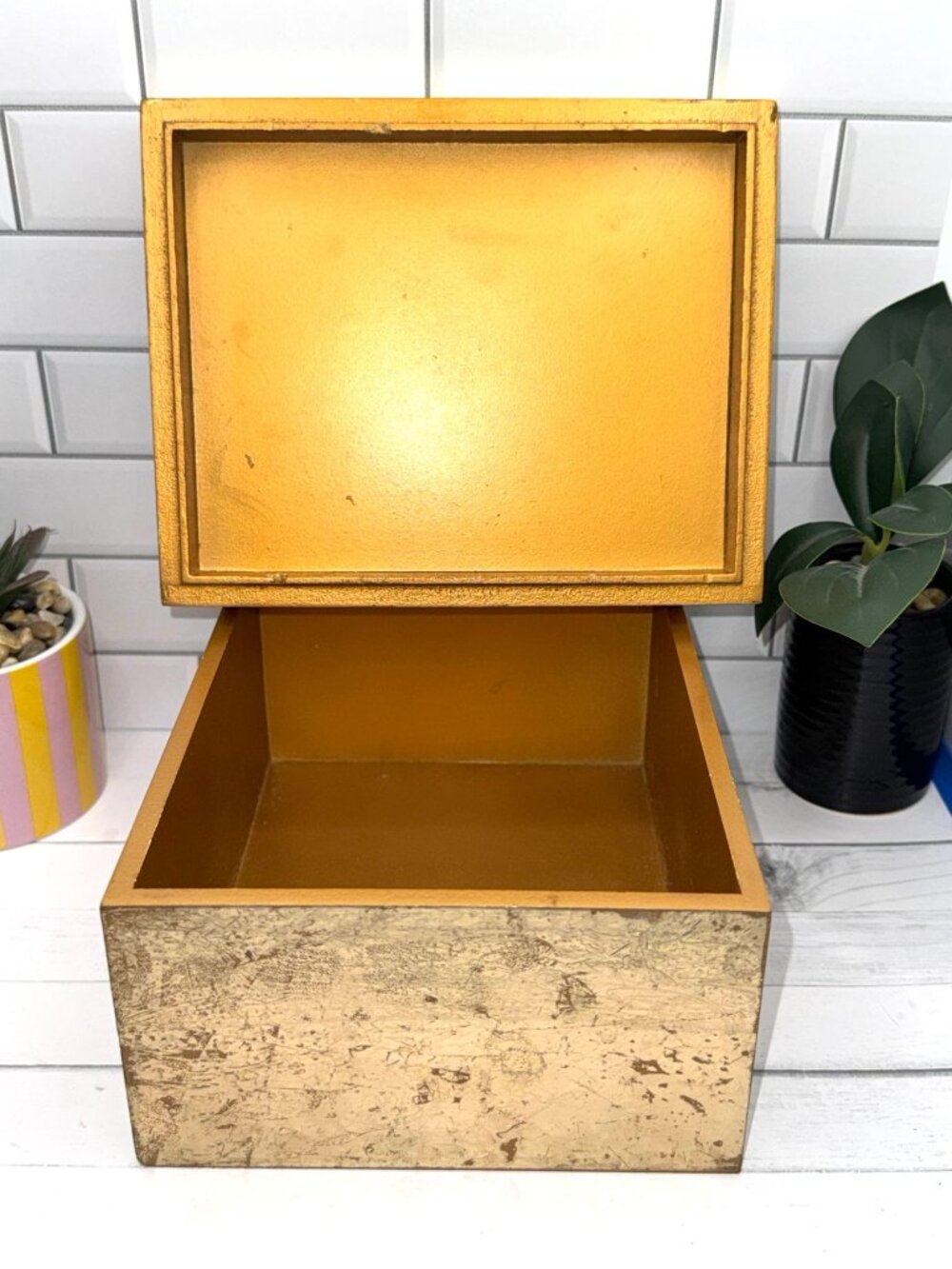 Boho Holiday Decorative Gold Box With Glittered Green & Blue Detailing - Picture 3 of 10